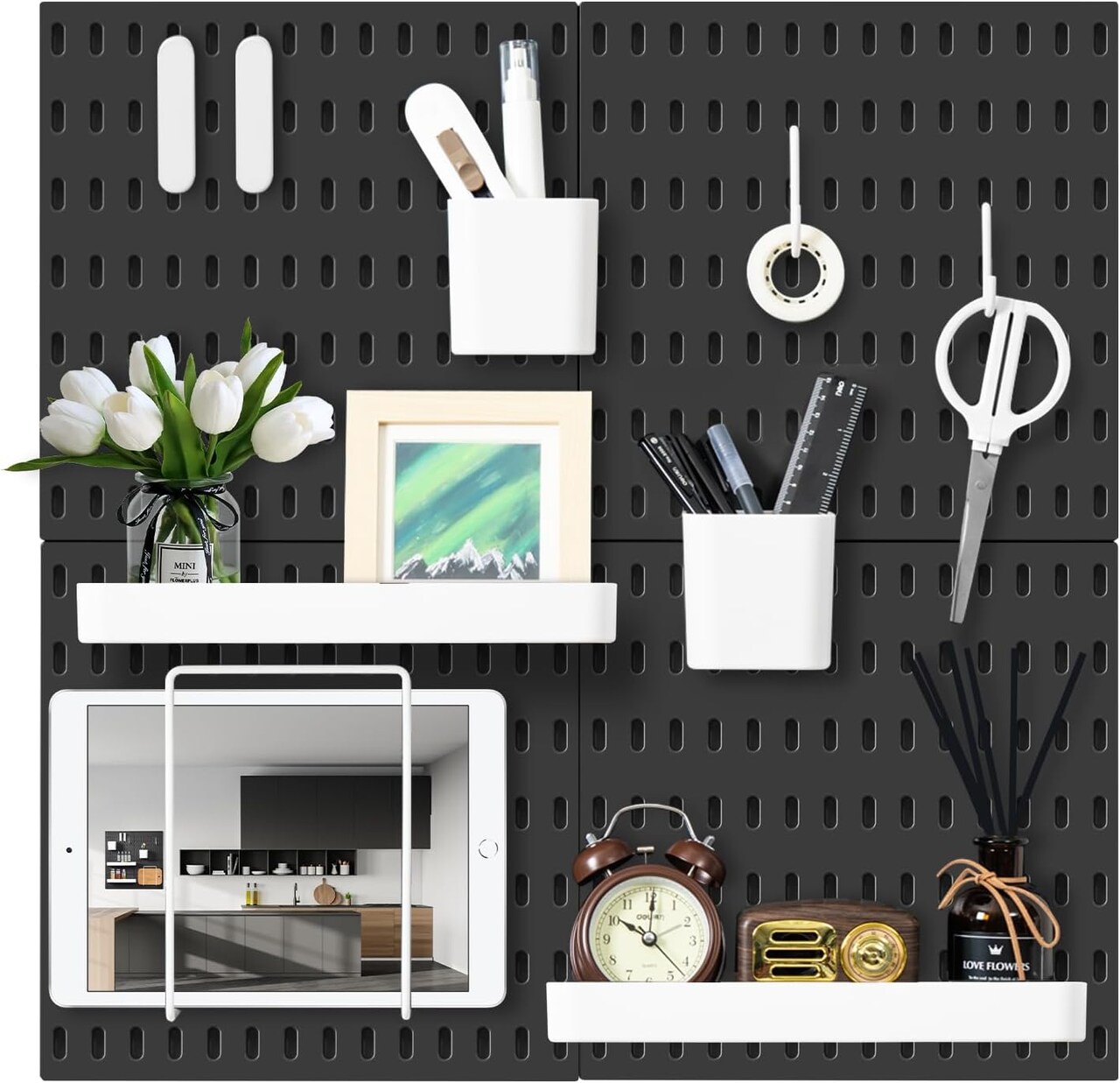 VUSIGN Pegboard Combination Wall Organizer Kit, 4 Pieces Pegboards and 17 Accessories Modular Hanging, Wall Mount Display Peg Board Panel Kits for Bedroom, Home, Office, Bathroom, 22" x 22", Black